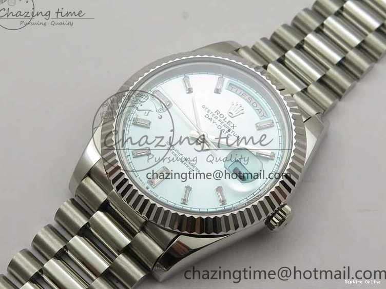 0417 SoftTouch Day-Date 40mm 228239 BP New Dial Version 904 SS Ice Blue T Crystal Markers Dial on SS President Bracelet A 2822